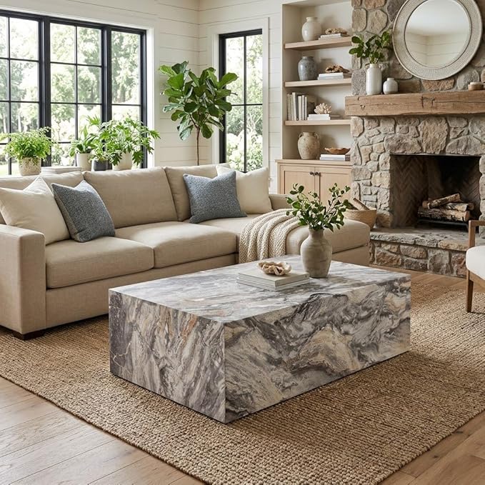Coffee Table, Modern Faux Marble Living Room Table in Grey