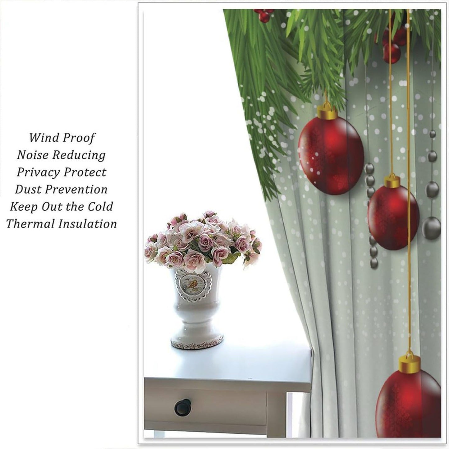 Christmas Curtain Decor Ball Coniferous Pine Tree Twig Tinsel Merry Xmas Window Treatment for Living Room Bedroom Dining Home Decor Window Drapes 42" W X 45" L
