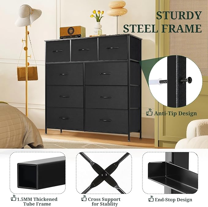 9-Drawer Dresser for Bedroom, Anti-Tip Tall Storage Organizer Chest of Drawers