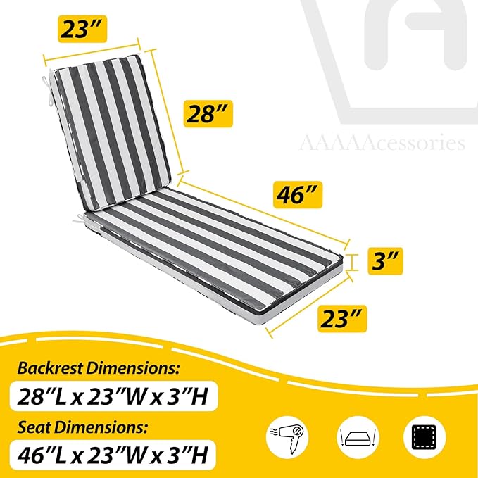 AAAAAcessories Outdoor Chaise Lounge Cushions, Fade-Resistant, Waterproof Patio