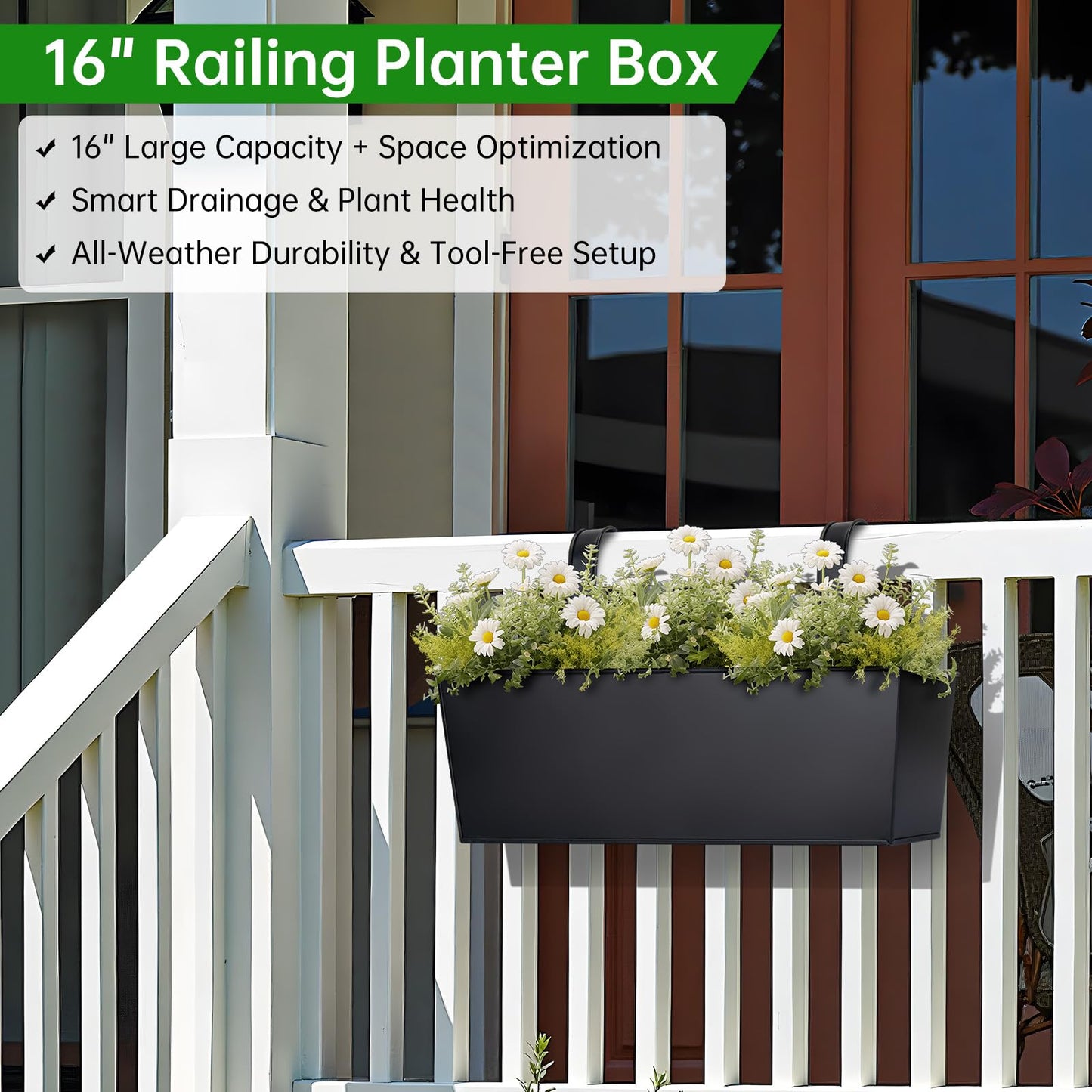 OGIMA 16-Inch Railing Planter Box, 3 Pack Large Hanging Planters for Outdoor Plants with Detachable Wide Hooks for 2.7'' Railings - Balcony Planters Railing Hanging for Deck, Fence & Patio Decor