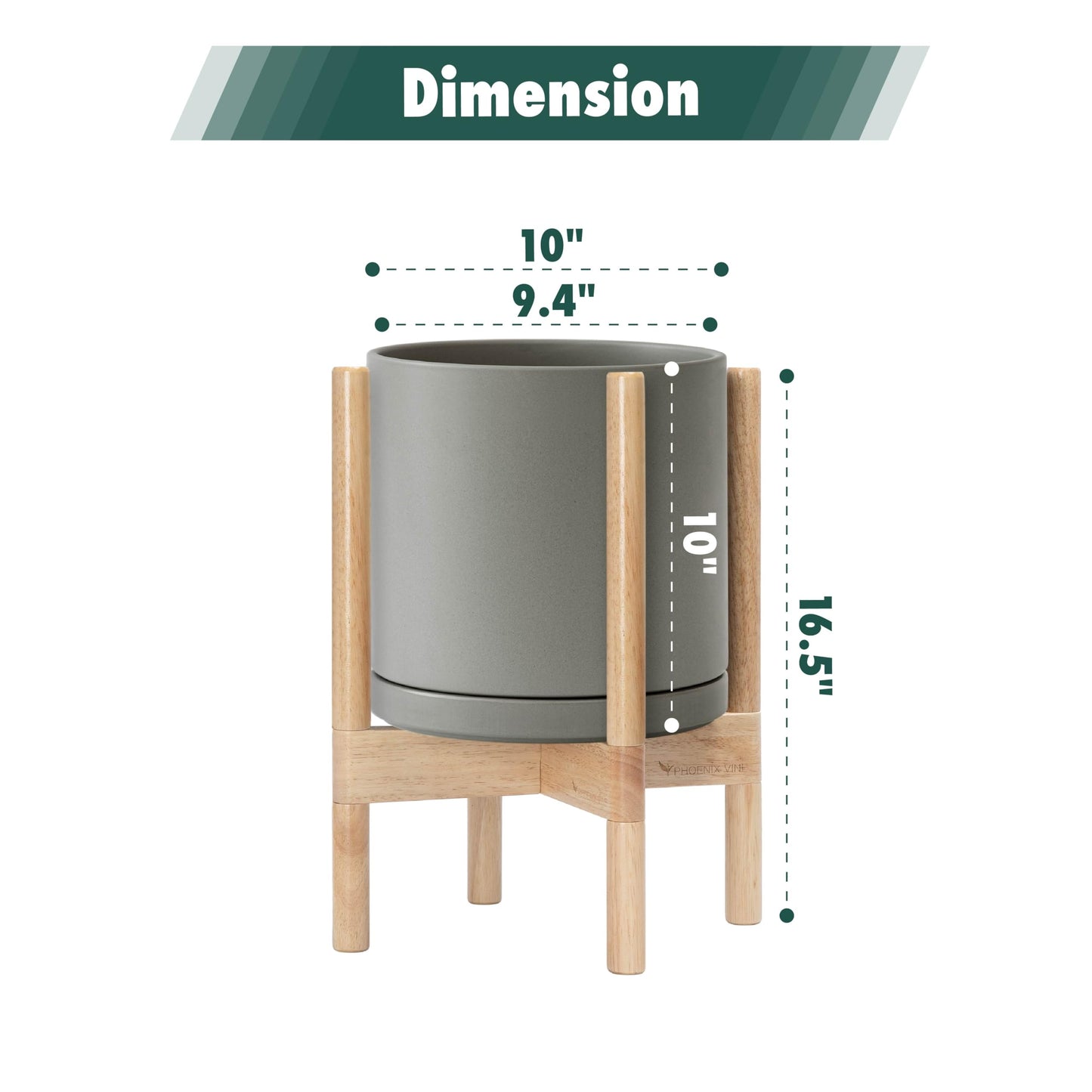 D'vine Dev Ceramic Planter with Natural Stand - 10 Inch Modern Round Flower Pot with Wood Planter Holder, Grey, 55-B-K-3