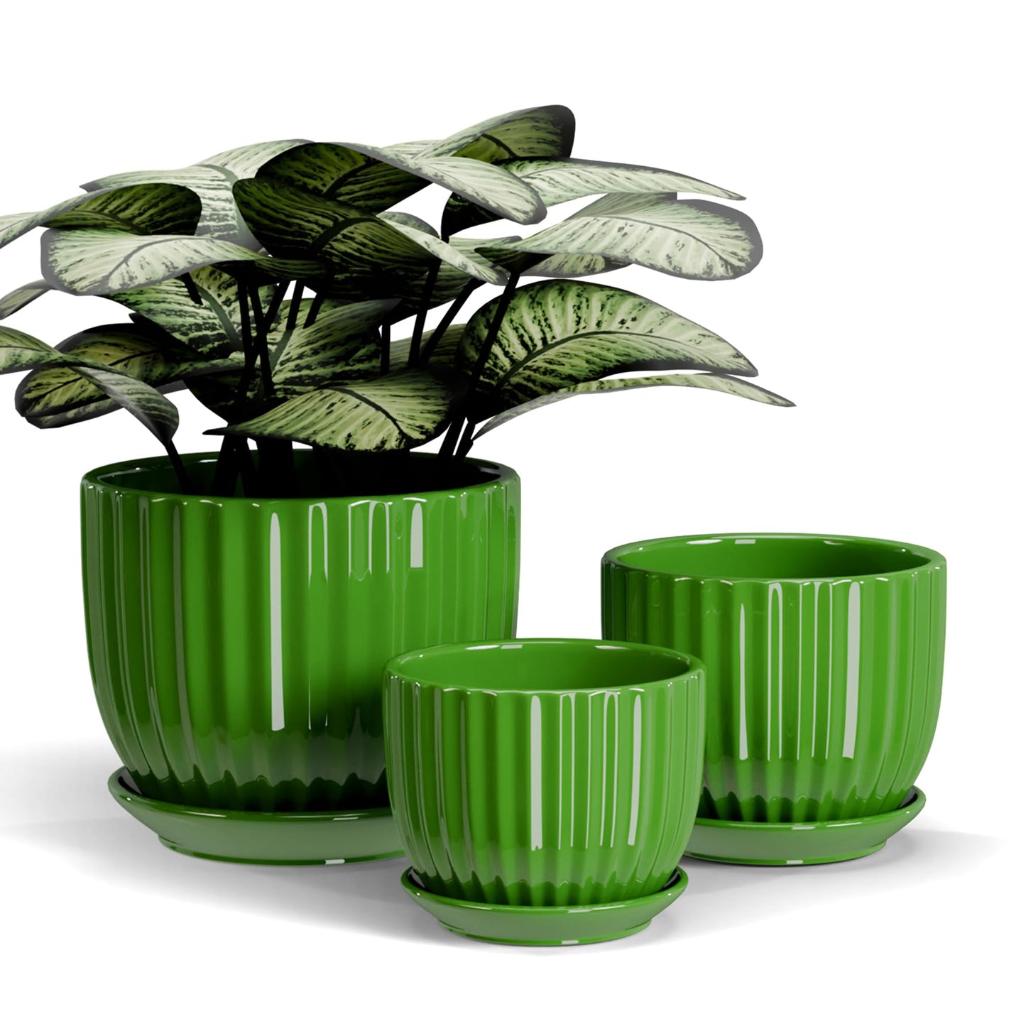 Ton Sin Ceramic Plant Pots,4"+5"+6" Inch,Green Flower Pots with Drainage Holes and Tray,Indoor Planters for Plants Pots,Home Office Decoration GIF for Plants,Succulent Pot Set of 3