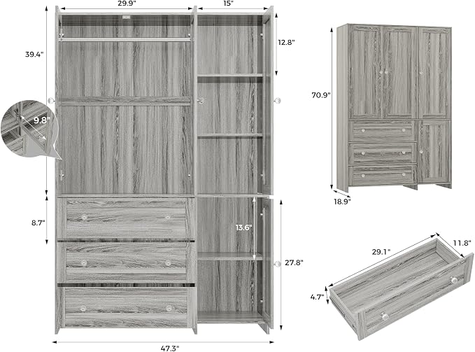 VOWNER Armoire Wardrobe Closet with Drawers and Mirror, 71" Clothing Storage Cabinet with Hanging Rod, 4 Doors Wooden Wardrobe Cabinet for Bedroom, Large Capacity Storage (1, Gray Oak)