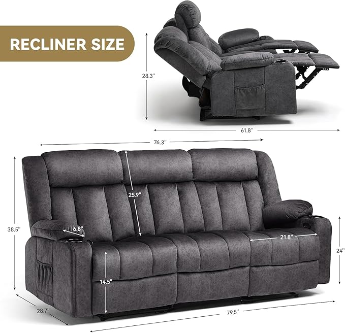 COMHOMA Manual Recliner Chair Set，Fabric Reclining Sofa Chair