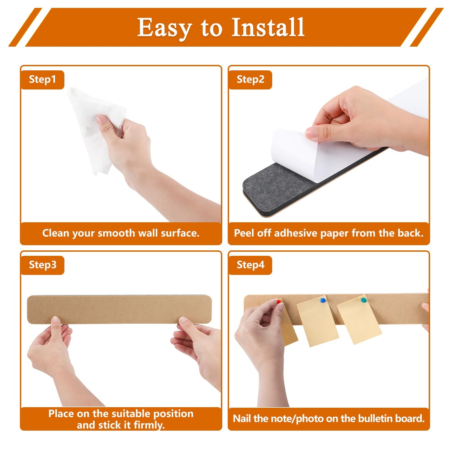 HULAVO 8Pcs Rectangle Felt Cork Board Bar Strips with 35 Pushpins, Self-Adhesive Bulletin Board Strips for Office School Home Wall Decor Stickers Memos Schedules Photos Display -Gradual Grey