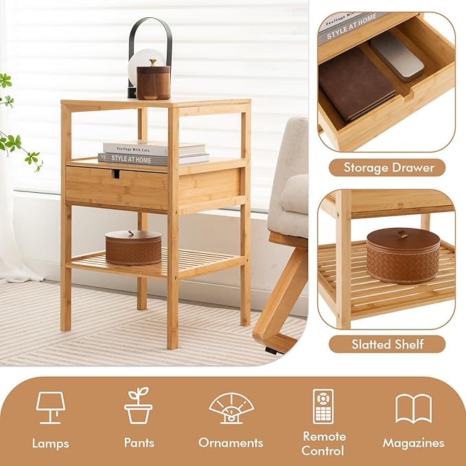 Giantex Bamboo Nightstand, Wood Side Table