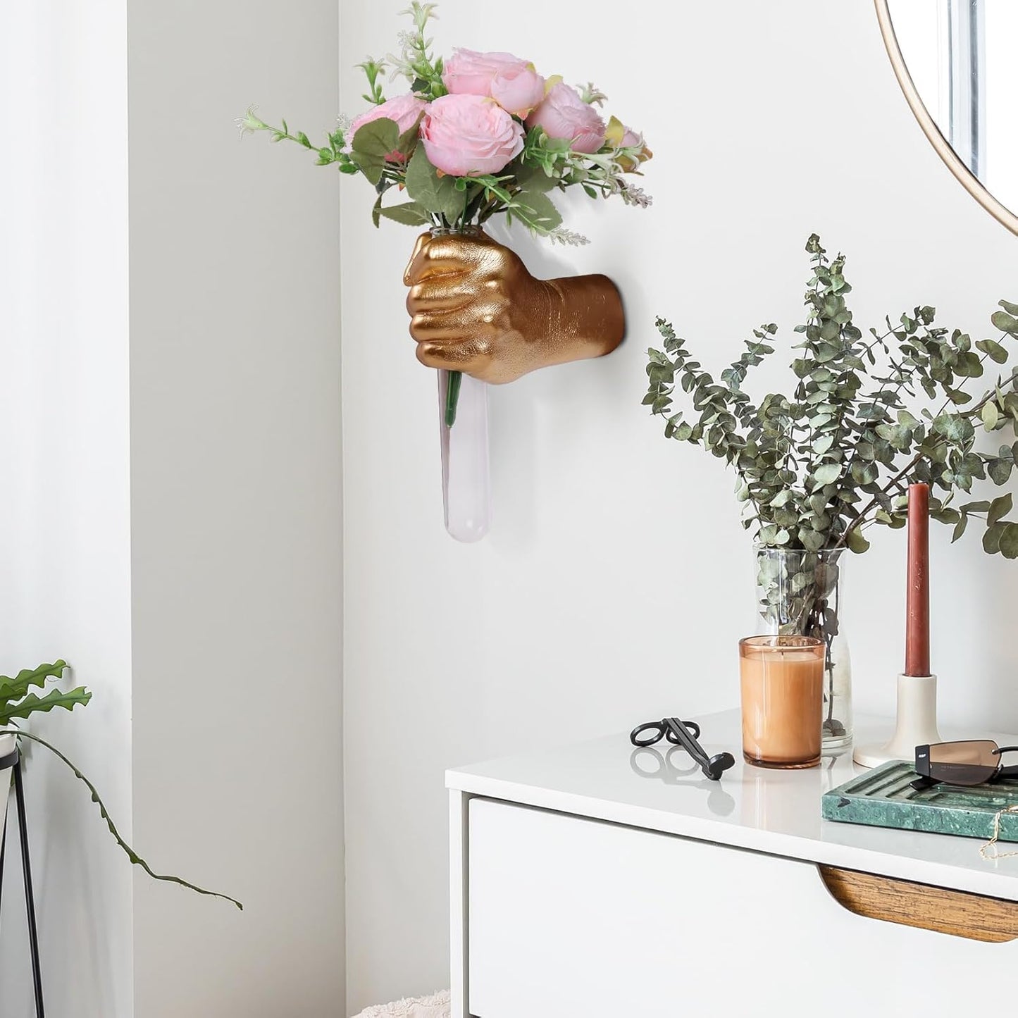 XYQXYQ Gold Wall Sculptures, Hand Vases Home Decor, Wall Mount Art Sculpture, Unique Wall Art Statue, Funky Flower Vase Decorations, Modern Eclectic Hanging Decor,Glass Test Tube Vase