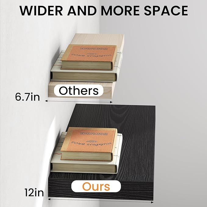 30Inch Black Floating Shelves for Wall, 12 Inch Deep Shelves for Bedroom