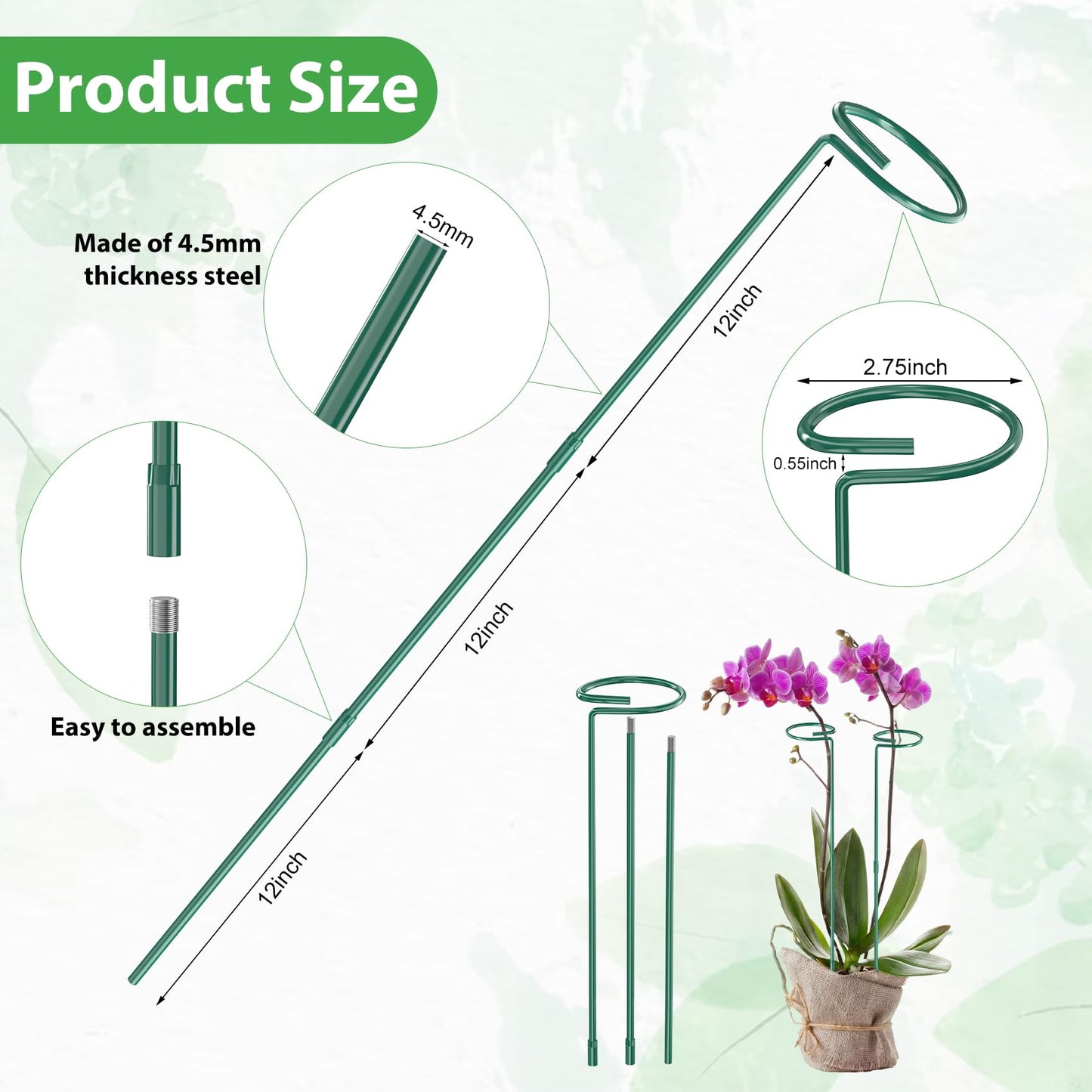 Unves 12 Pack Plant Support Stakes, 36 Inch Garden Plant Stakes, Three Sizes(36 or 24 or 12 Inch) Single Stem Plant Cage for Outdoor Indoor Plants, Sunflower, Tomatoes with 100 Pcs Twist Ties