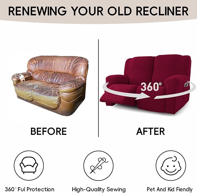 Recliner Loveseat Covers, 4-Piece Stretch Geometric Strokes Jacquard Reclining
