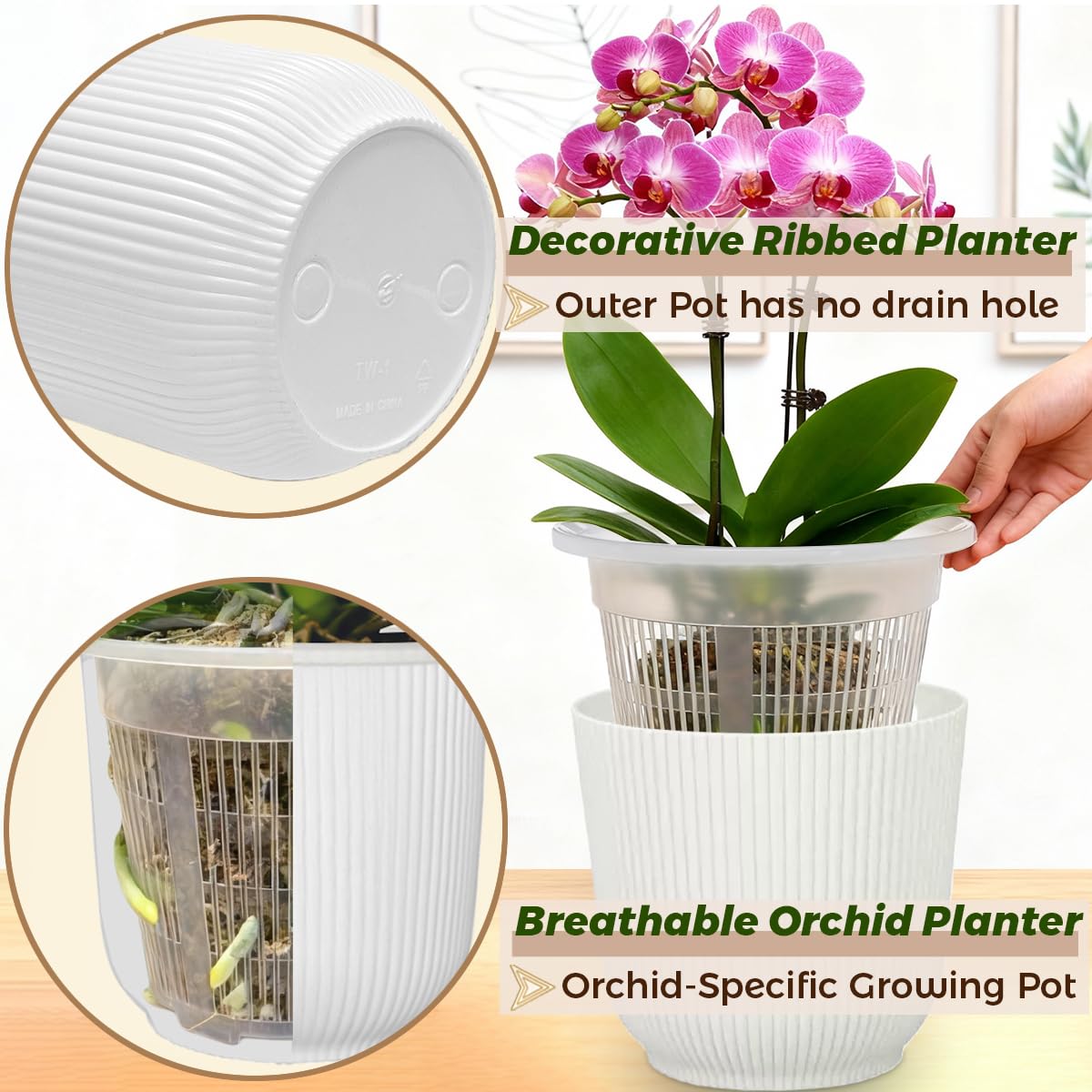 MUZHI 2 Layer Orchid Pot with Holes,Inner Clear Mesh Slotted Basket with Drain Tray 5.4”, Decorative Breathable Plastic Orchid Flower Pot for Indoor and Outdoor Phalaenopsis Growing Container White
