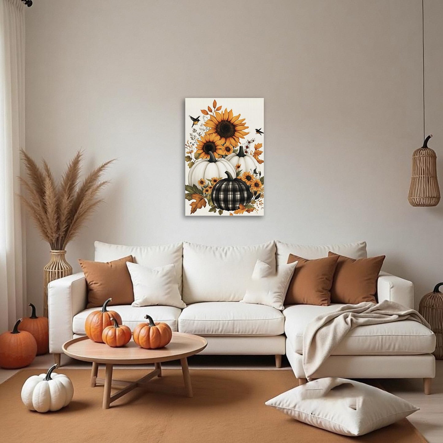 CHAOSETKEN Fall Pumpkin Wall Art Pumpkins with Flower Pictures Prints Autumn Harvest Theme Canvas Paintings Thanksgiving Artwork for Kitchen Farmhouse Decor Framed (Black,18L x 12W)