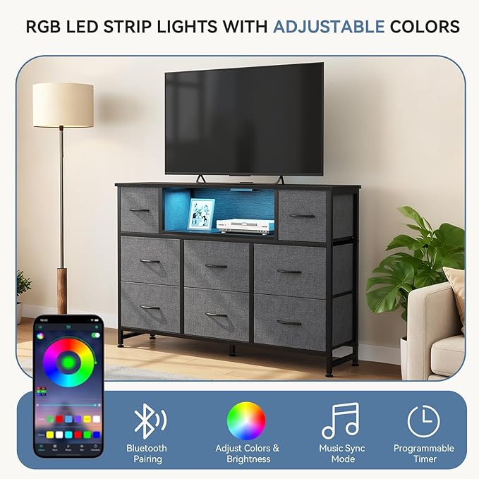 DUMOS TV Stand Dresser with 8 Fabric Drawers and Open Shelves, LED
