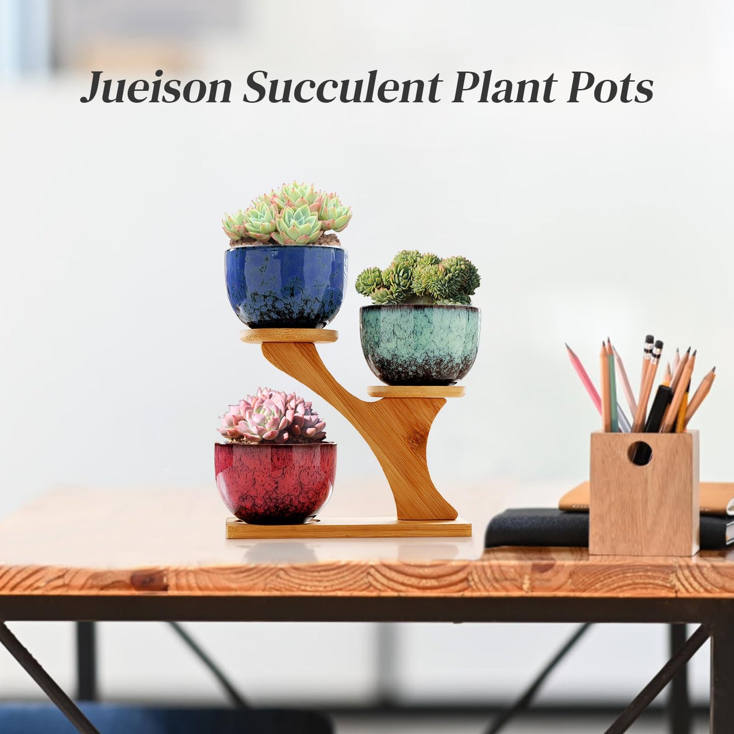 Jueison Succulent Pots with 3 Tier Bamboo Saucers Stand Holder Modern Decorative Ceramic Flower Pots with Drainage Mini Cactus Plant Pot Planters for Indoor Home Office Desk Garden Decor (#006)