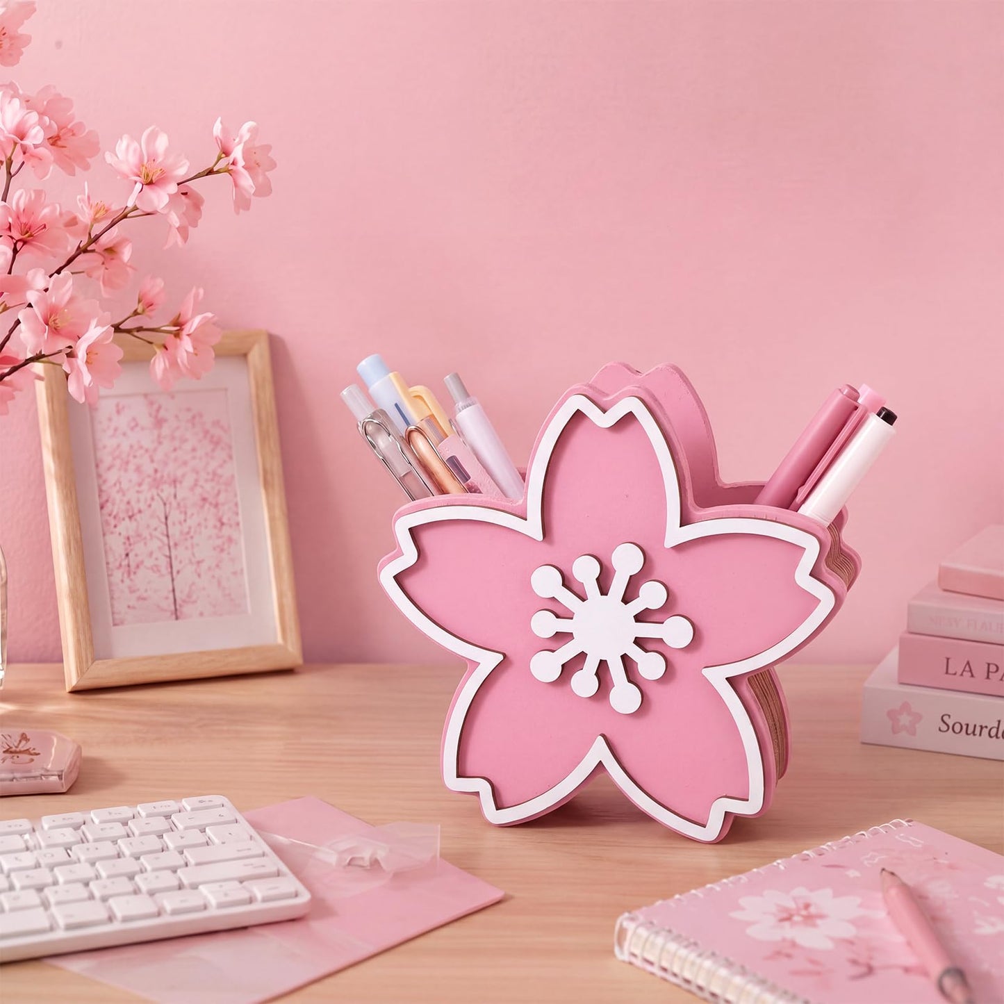 Tenceur Pink Cherry Blossom Holder for Desk Large Capacity Cherry Blossom Pencil Holder Coquette Supplies Desk Organizer Teacher Office Decor Makeup Brush Holders Back to School Gift for Girls Women