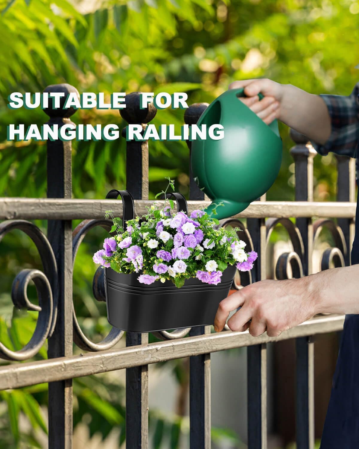 Metal Railing Planters for Outdoor Plants - 3 Pcs Balcony Hanging Flower Pots with Detachable Hooks & Drain Holes, Windowsill Oval Hanging Bucket Pots Fence Planters for Garden Home Decor, Black