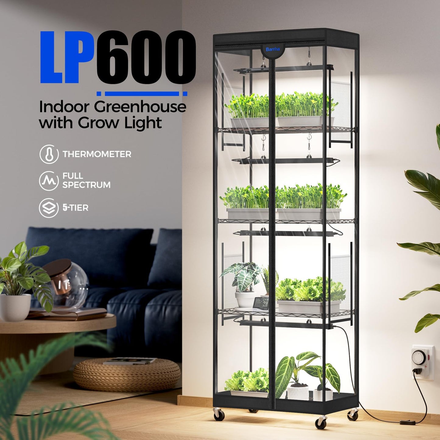 Barrina LP600 Mini Greenhouse with Grow Lights, 5-Tier Plant Stand with 100W TX-S25 1.6FT 5000K Full Spectrum Plant Shelf with Tent, Timer & Thermometer for for Seed Trays Growth, 23.6 x 13.8 x 70.9IN
