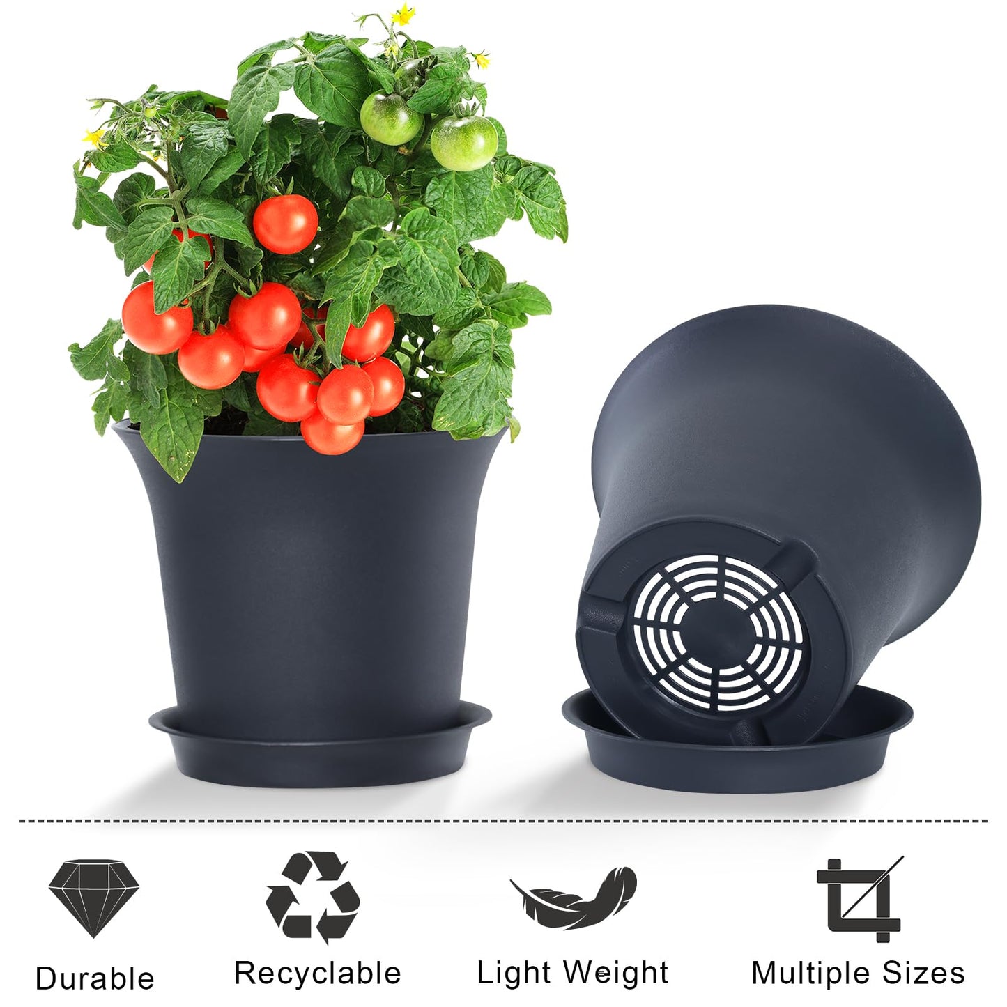 Oliz Planter Pots 8 Packs, 7.2 Inches Flower Pots with Drainage Holes & Trays, Ideal for Succulents, Herbs, Flower, African Violet, Garden Plant Pots for Home Garden Kitchen Decor (Dark Grey-2)
