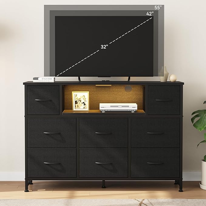 DUMOS TV Stand Dresser with 8 Fabric Drawers and Open Shelves, LED