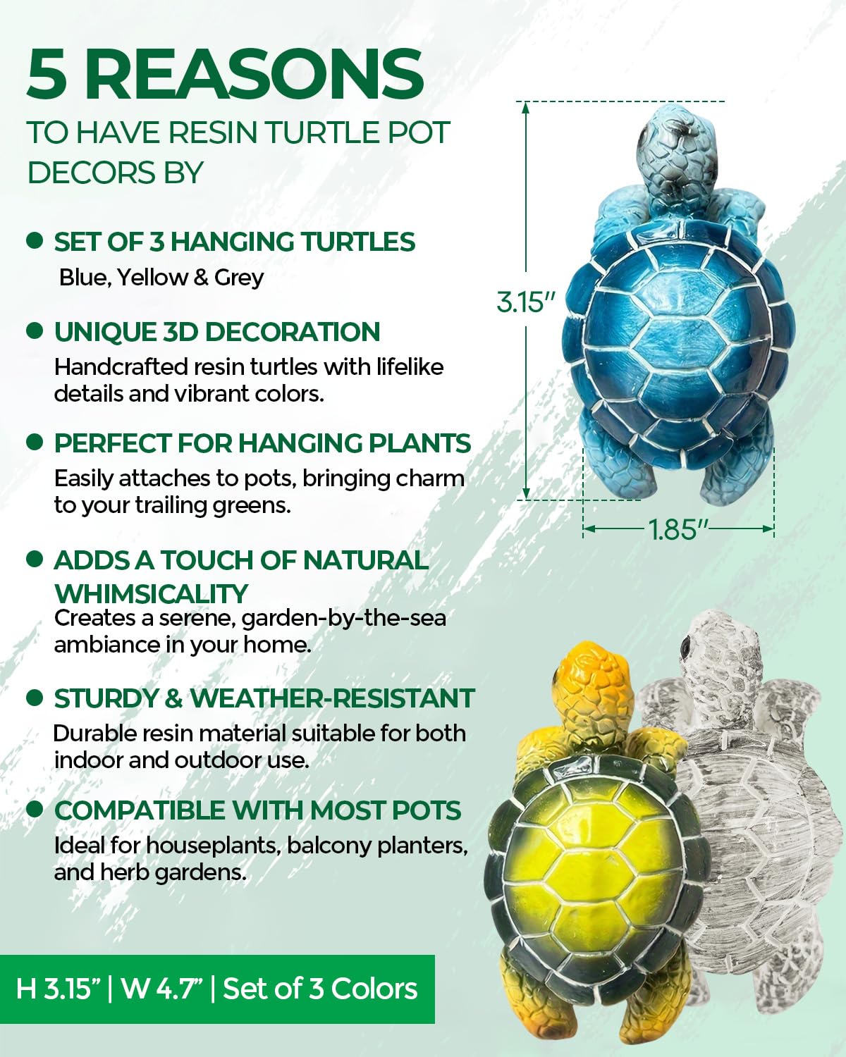 DHOEM 3 PCS Sea Turtle Planter Decorations, Turtle Statue Tortoise Figurine Plant Pot Hanger, Resin Hanging Sea Turtle Garden Decor, Cute Indoor Plant Decorations for Flower Pots, Patio, Balcony