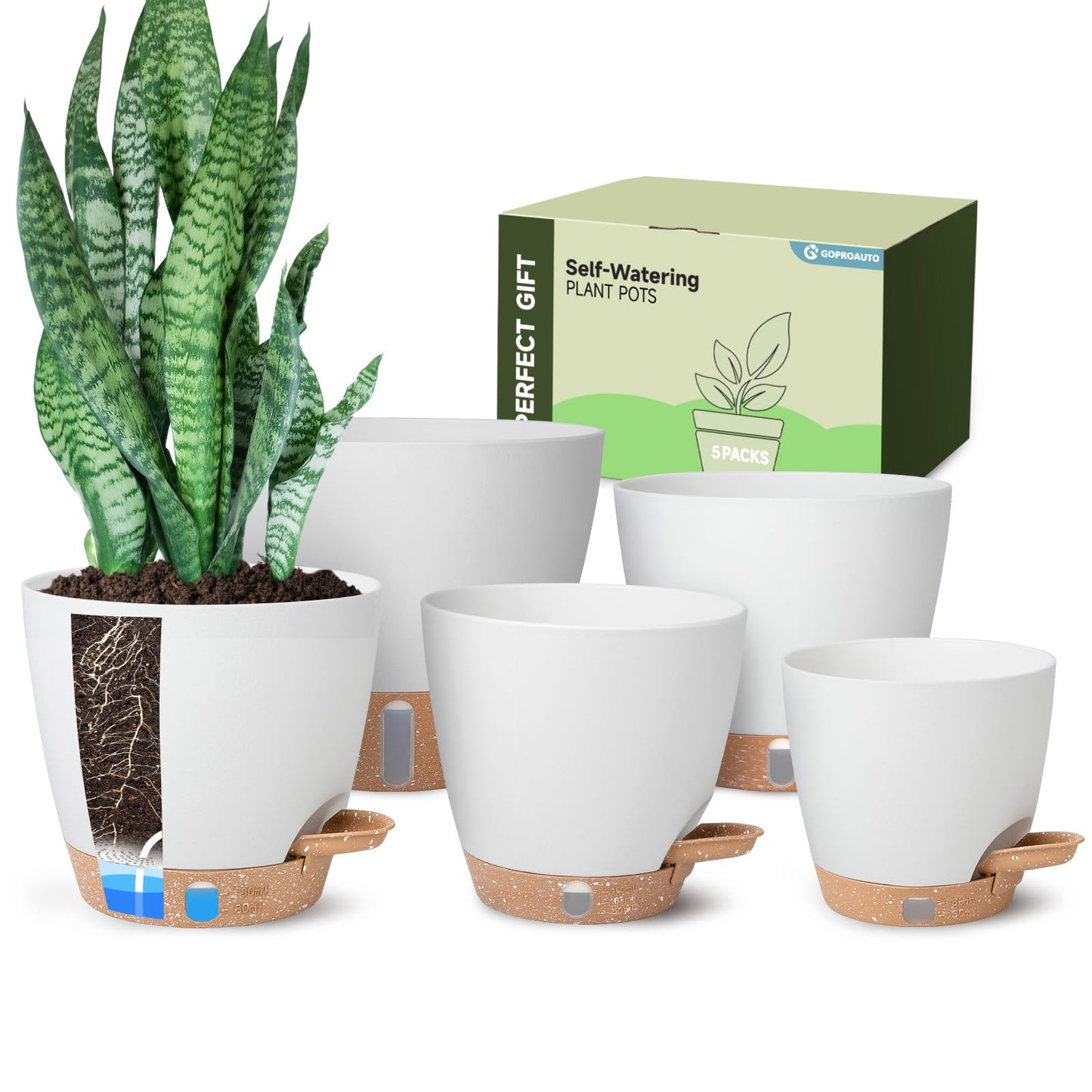 Goproauto Self-Watering Pots for Indoor Plants with Visible Water Window,5/6/6.5/8/10 Inch Outdoor Flower Pots with Drainage Holes & Reservoir for Patio, Home Decor (White)