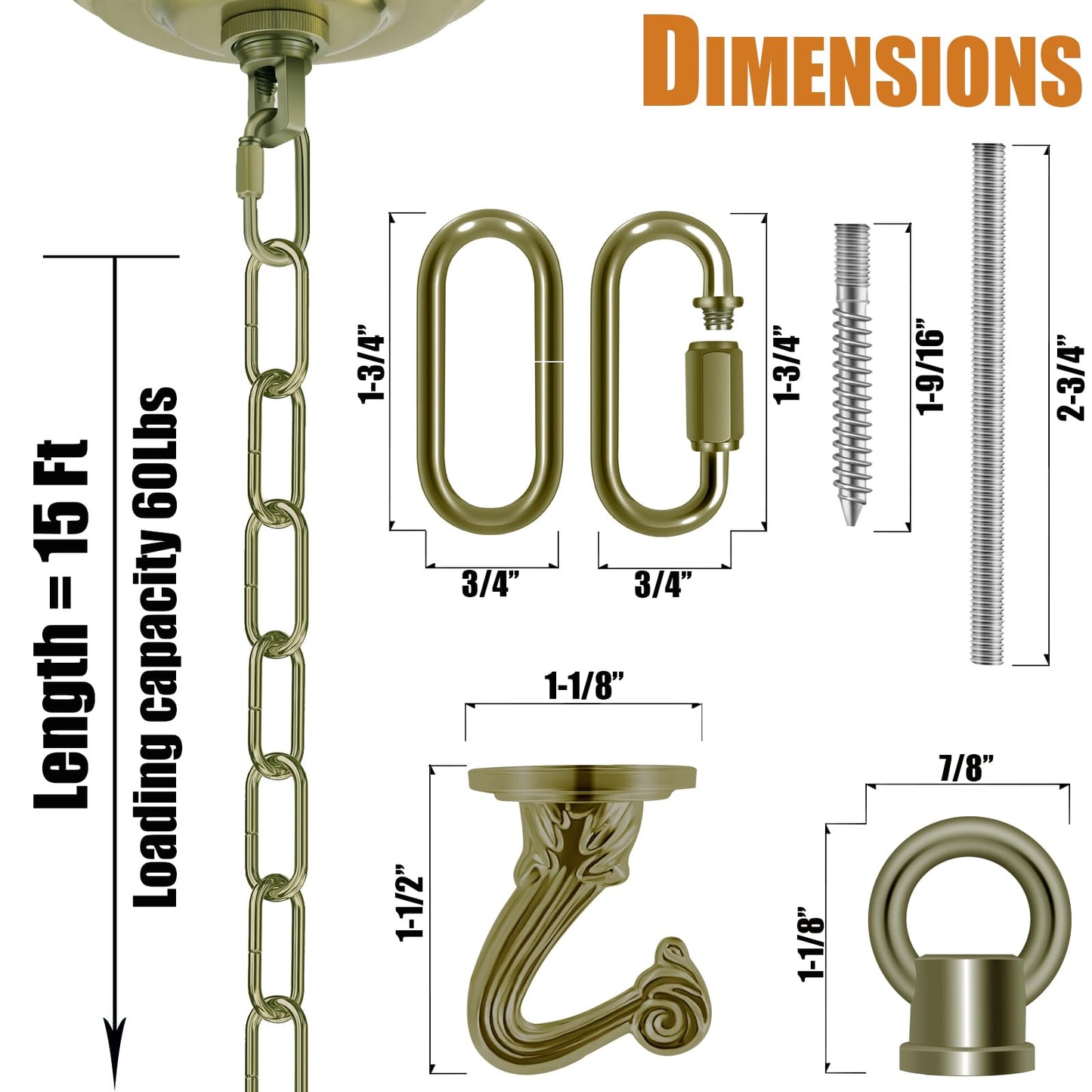 Omytie 15 Ft Heavy Duty Hanging Chain Kit with Connection Locks & Swag Ceiling Hooks for Lighting Fixture, Chandelier, Pendant, Lantern, Swag Lamp, Plant/Flower/Fruit Basket, Bird Feeder (Bronze)