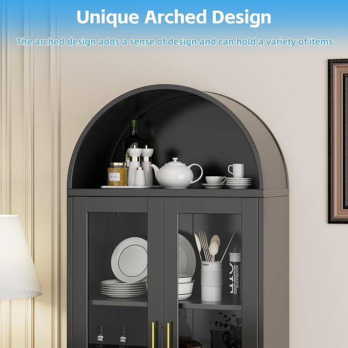 Arched Cabinet with Glass Doors, Modern Kitchen Pantry Cabinet with 2