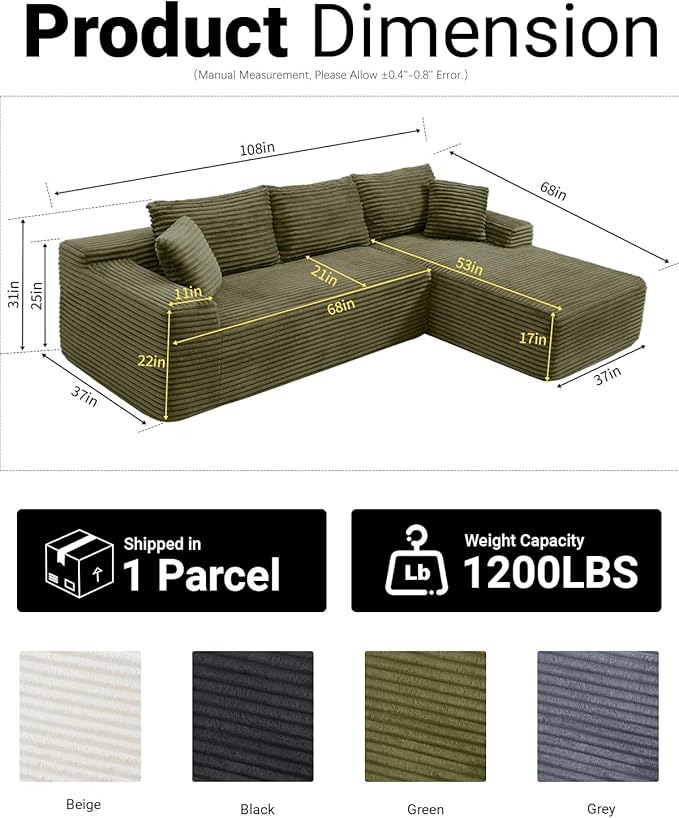 108 Inch Cloud Sectional Couch, Modern Modular Sectional Sofa
