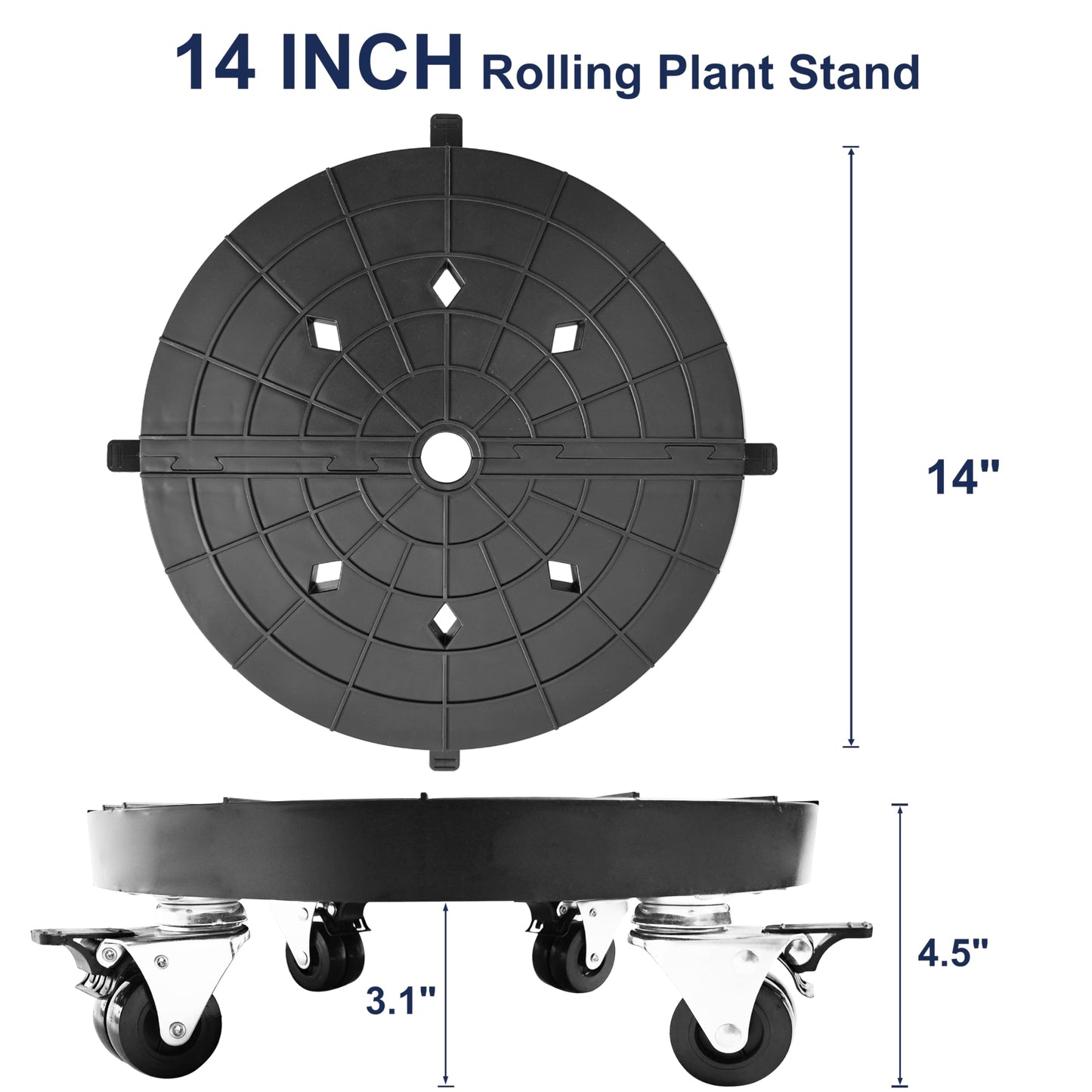 NOAMOO 14 Inch Plant Caddy with Wheels Outdoor Indoor, Rolling Plant Stand for 400lb Heavy Duty Flower Pots, Round Plant Rollers Lockable Potted Planter Dolly, Black