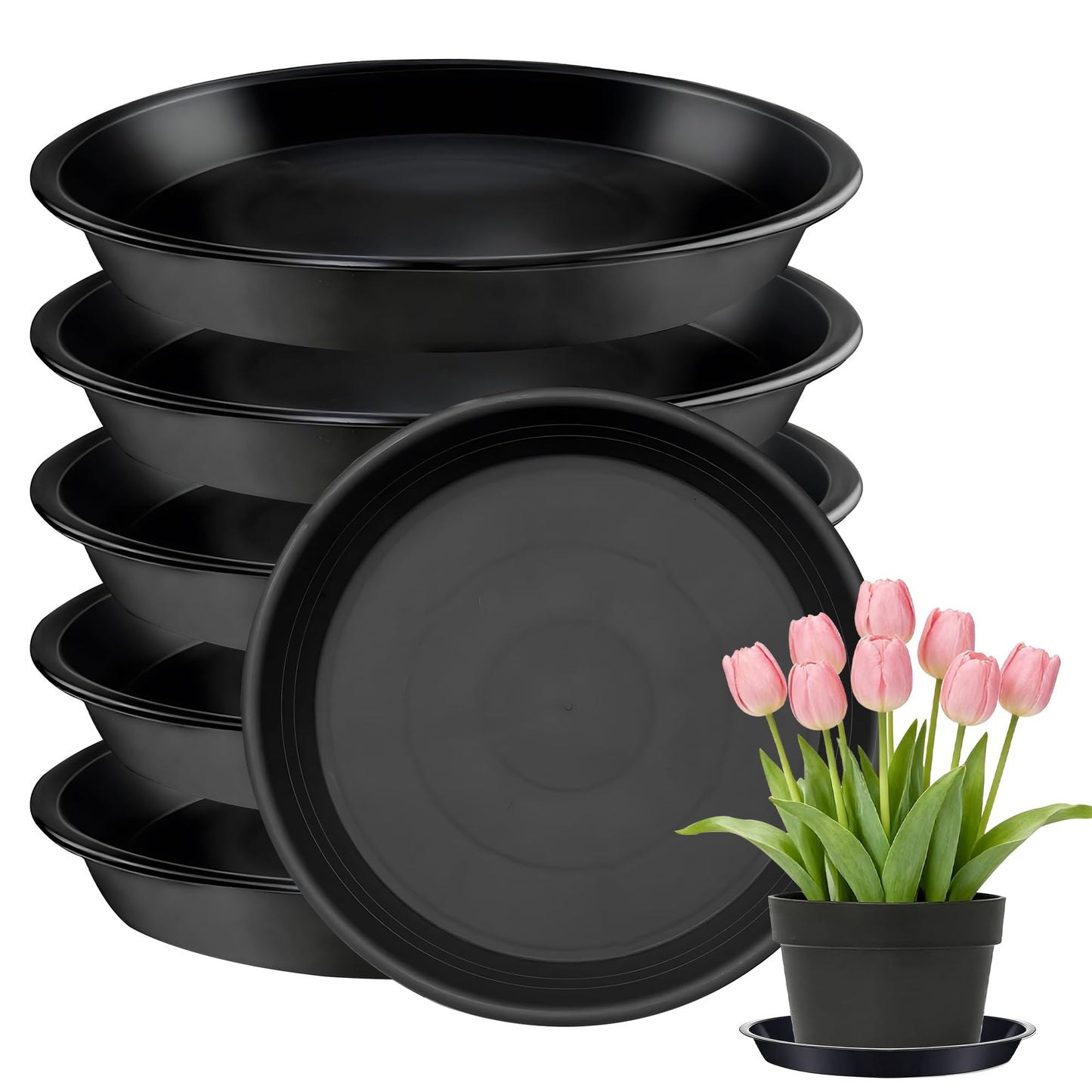 WYIPOLZI 6 Pack 8 Inch Plant Saucers Tray,Heavy Duty Plastic Plant Trays Drip Plates for Home & Garden Potted Plants, Water Trays Saucers for Pots Planter, Indoor&Outdoor Use,Black