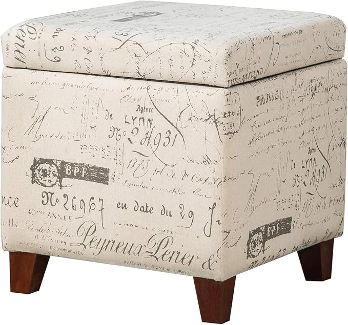 Adeco Fabric Script Pattern Cube Storage Footstool, Hinged Lid, Solid Wood Legs