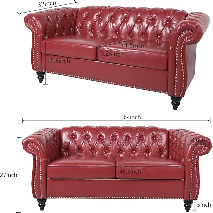 LEVNARY Leather Sofa, Chesterfield Tufted Upholstered 2 Seater Couch, Modern