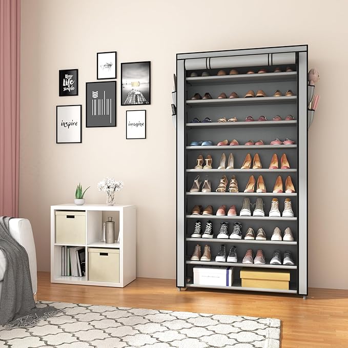 ROJASOP Shoe Rack with Covers, Stackable 10 Tier Tall Shoe Shelf Storage 50-55