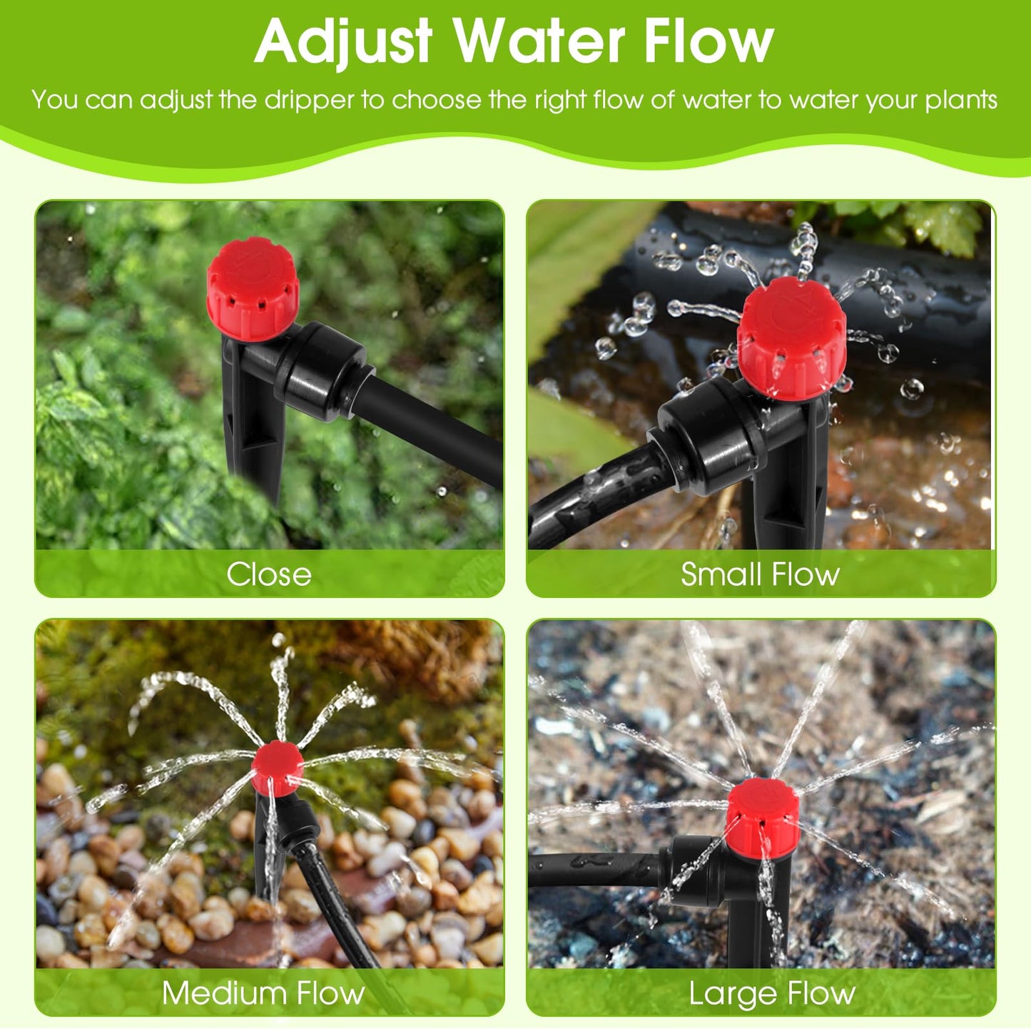 60 Pcs Red Drip Irrigation Emitters with Stake - Adjustable Stream for 1/4" Tubing - Garden Watering System Parts Drippers - Sprinkler Heads
