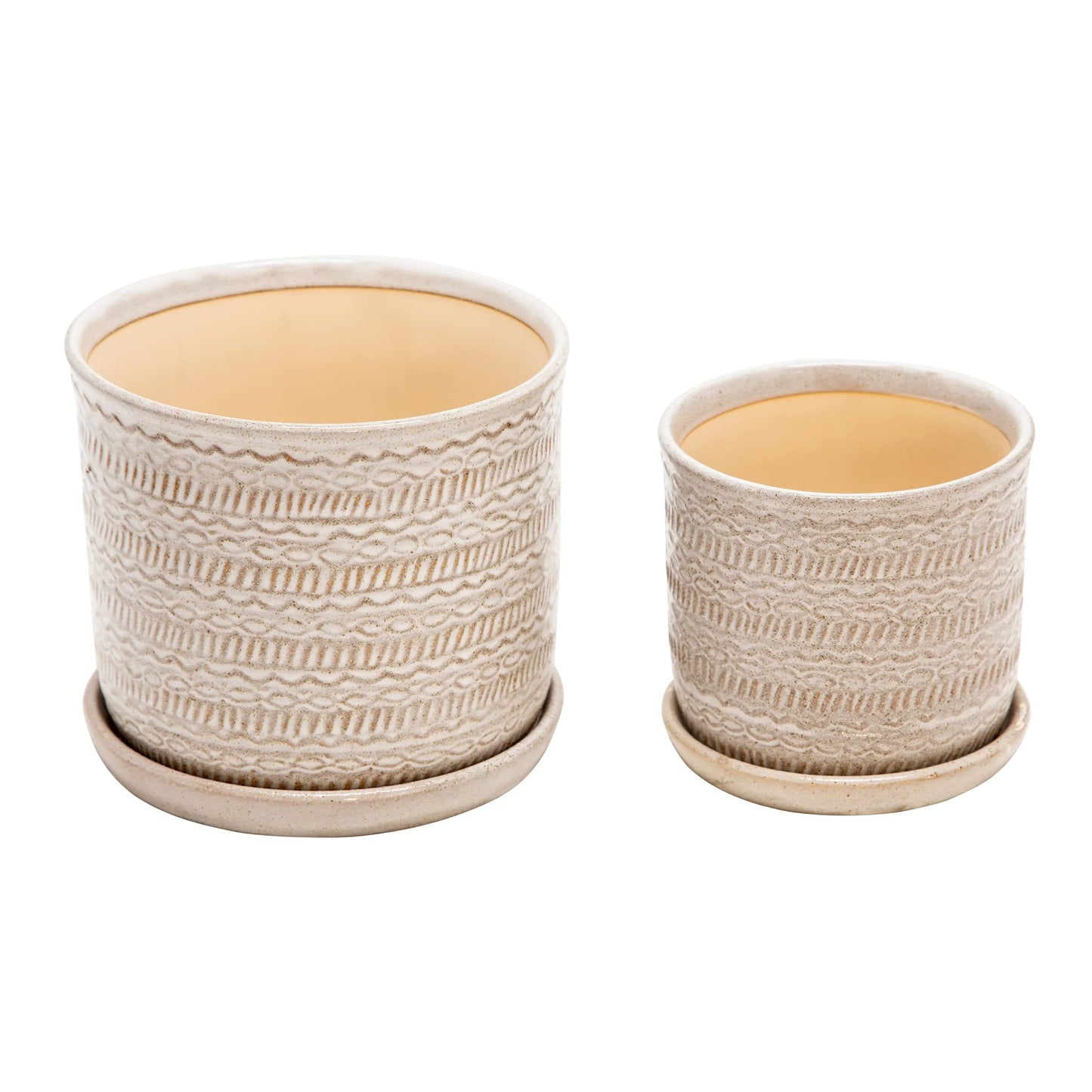 Sagebrook Home Set of 2 Stoneware Ceramic Planters with Saucers –Decorative Indoor & Outdoor Plant Pots – Modern Home & Garden Décor – Ivory & Tan Textured Tribal Design 6" & 8"