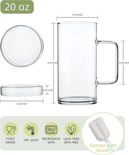 FLFK 20 oz Glass Coffee Mug with Lid - Large Clear Tea Mug, Beer Mug and Big Coffee Mug
