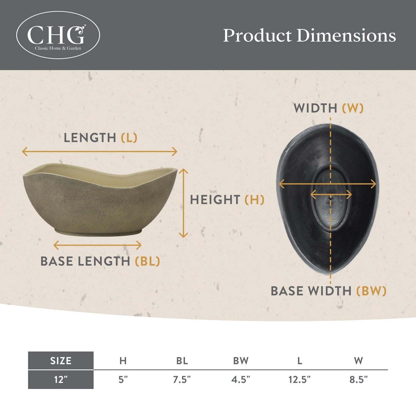 Classic Home and Garden Arc Unique Planter Bowl w/Drain Plug - UV Resistant Shallow Planter - Modern Plant Pot for Herbs (12” Desert)