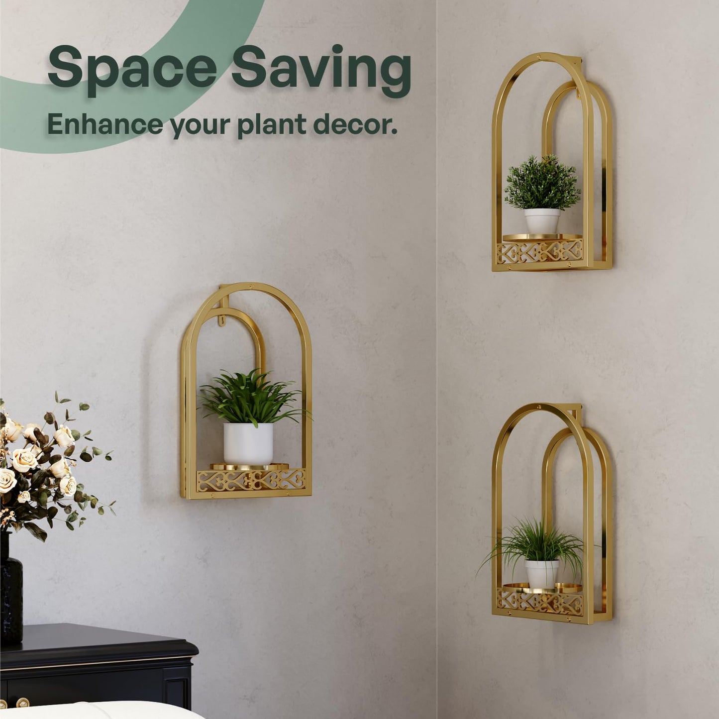 Rioneta Hanging Planter for Indoor & Outdoor Plants, Mid Century Modern Iron Frame Wall Decor for Living Room Garden Patio 3 Pack Gold（No Light）