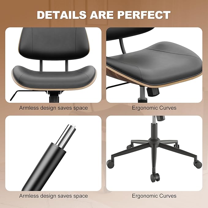 Armless Office Chair with Wheels, PU Leather Adjustable Height Desk Chair