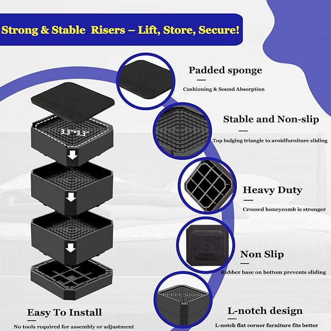 Bed Risers Heavy Duty, Adjustable Furniture Riser Blocks Lift 1.5, 4.3 inches