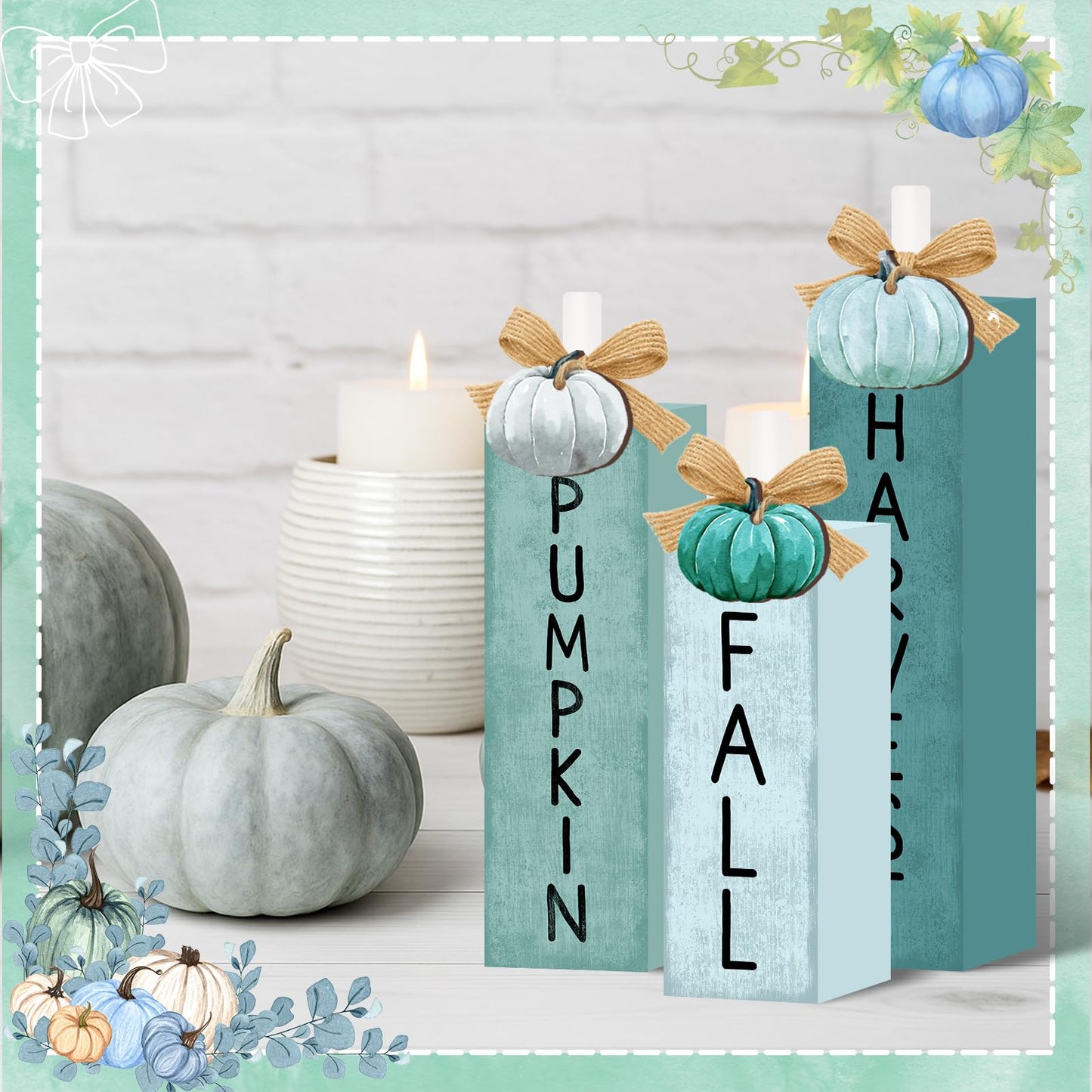 3 Pcs Blue Fall Decorations for Home, Blue Pumpkin Tiered Tray Decor Farmhouse Fall Thanksgiving Wooden Table Decor Autumn Harvest Tabletop Centerpieces for Home Kitchen Indoor Mantel