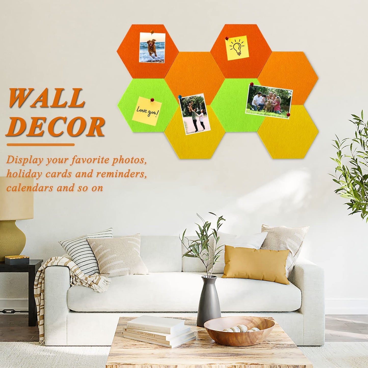 HULAVO 8Pcs Hexagon Felt Cork Board Tiles, Self Adhesive DIY Bulletin Board Pin Board for Office School Home Wall Decor Stickers Memos Photos Display (Gradual Orange)