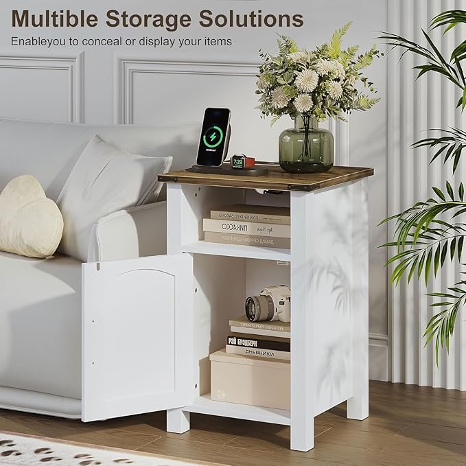 Farmhouse Nightstand with Charging Station, End Table with USB/Type-C Ports and