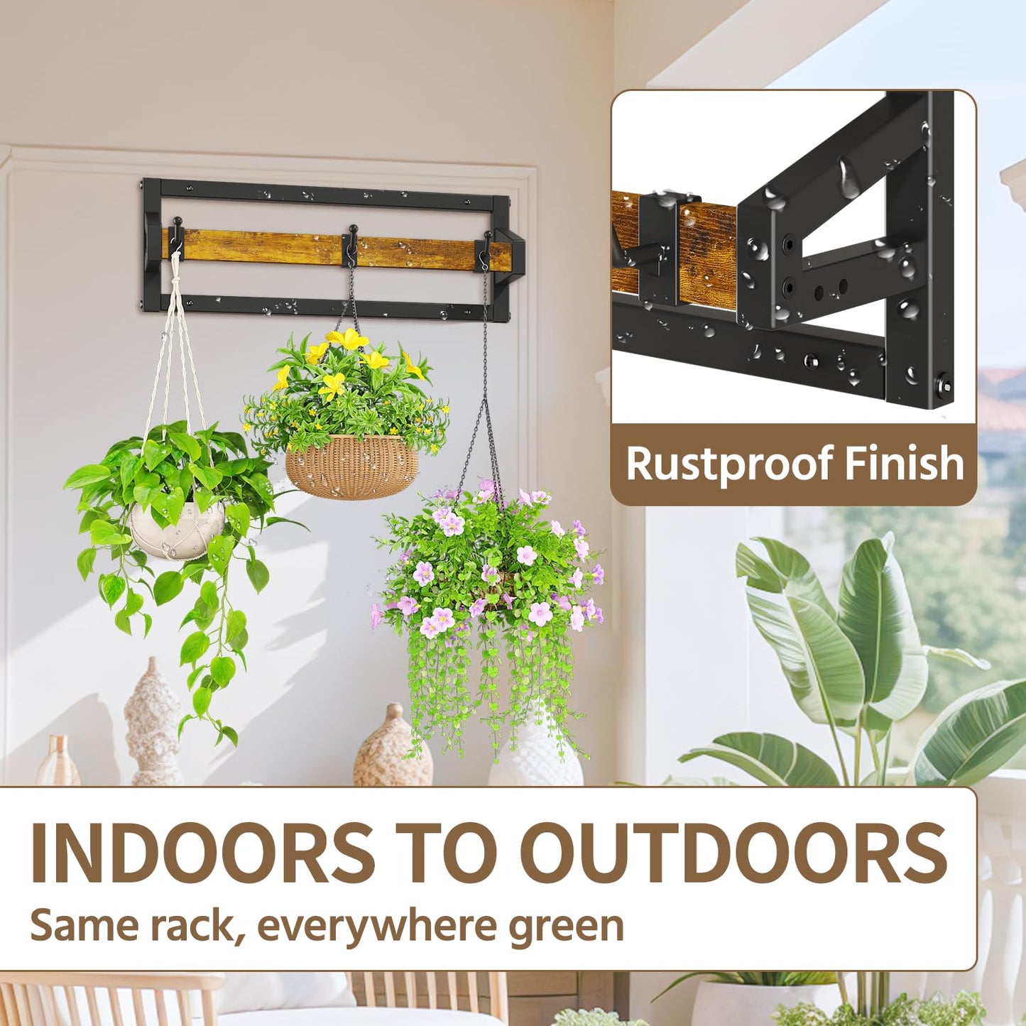 LASZOLA 2 Pcs Plant Hanger Indoor with 6 Heavy Duty Hanging Hooks, Metal and Wood Wall Mounted Plant Hanging Rod, Plant Shelves Holder Bar for Kitchen Window Ceiling (Pot/Chain/Plants not Included)