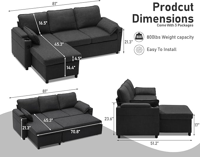 DURASPACE Sofa Bed Sleeper Pull Out 2 in 1 Sectional Sleeper Sofa Couches
