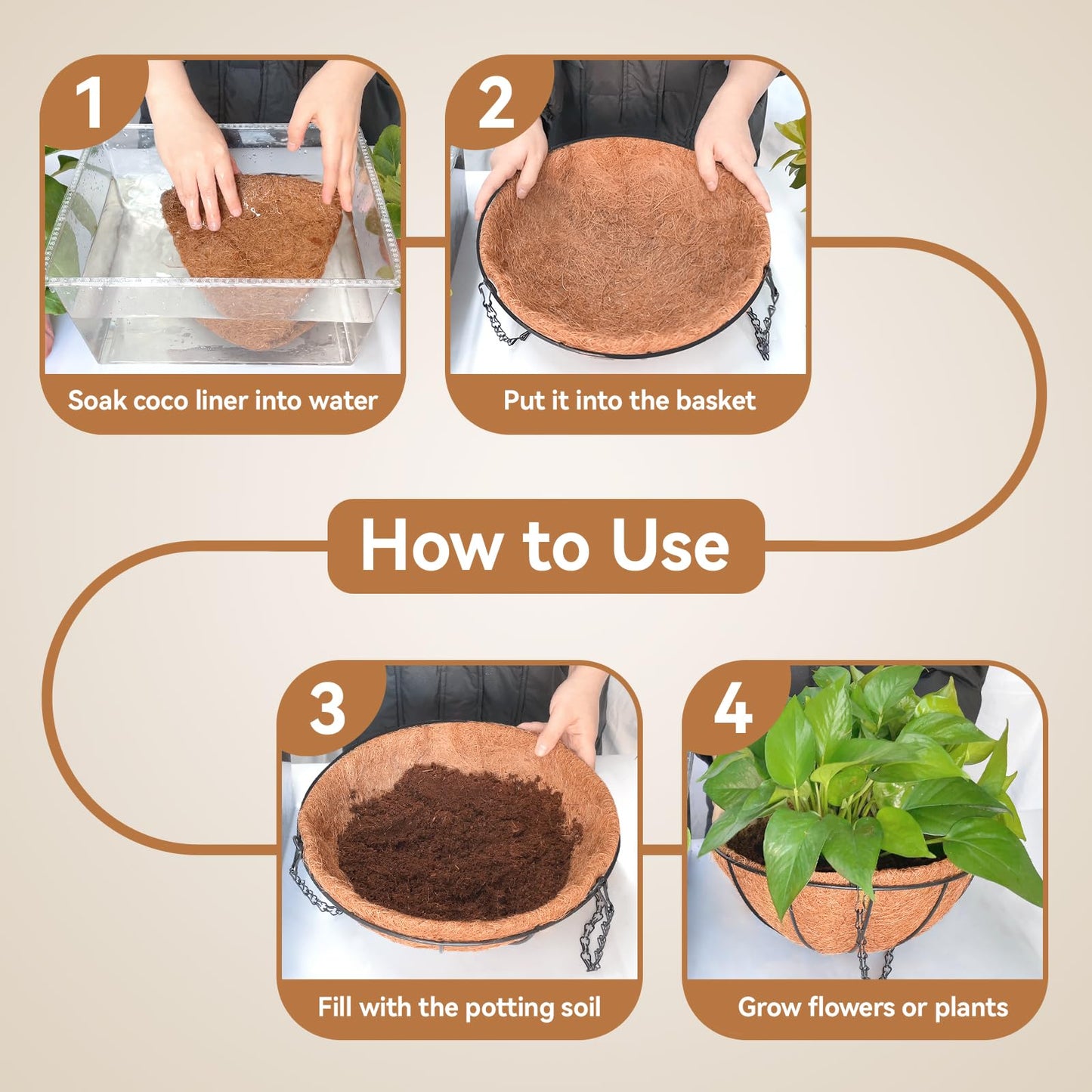 Halatool 3PCS 14 Inch Coco Liners for Hanging Baskets Round Hanging Basket Liners 100% Natural Coconut Husk Liner for Planters for Flowers Vegetables Indoor Outdoor Plants