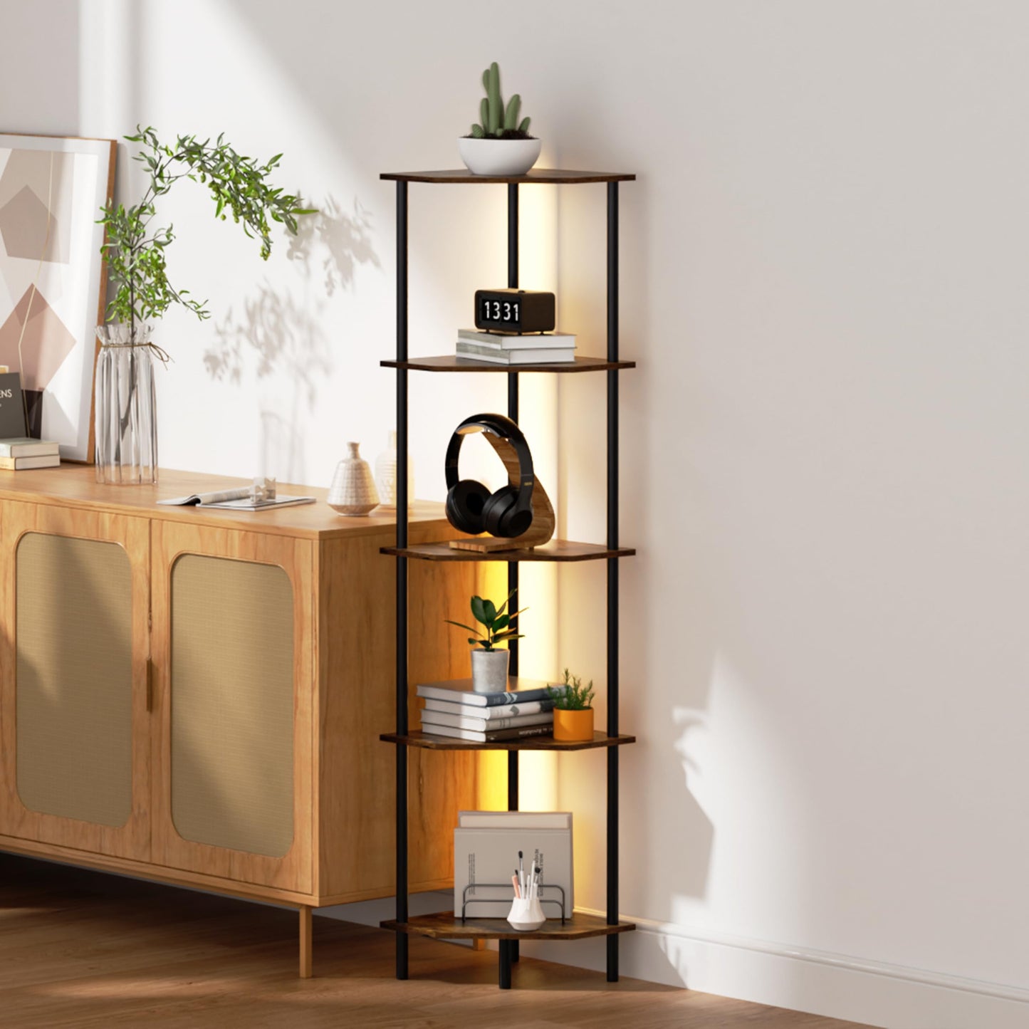 Corner Shelf Stand, Storage Standing Shelf Unit with Metal Frame, Narrow Bookshelf with LED Light Brown Plant Display Stand, Multi Unit Organizer Corner Cabinet for Bedroom, Living Room (5 Tier)