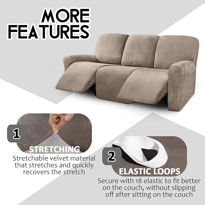ULTICOR Velvet 8-Pieces Recliner Sofa Covers Stretch Reclining Couch Covers