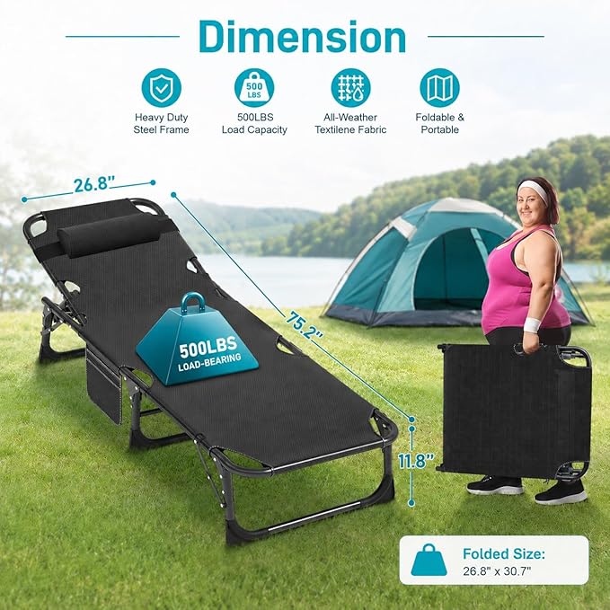 ABORON Heavy Duty Tanning Chair, 5-Gear Outdoor Folding Chaise Lounge Chair